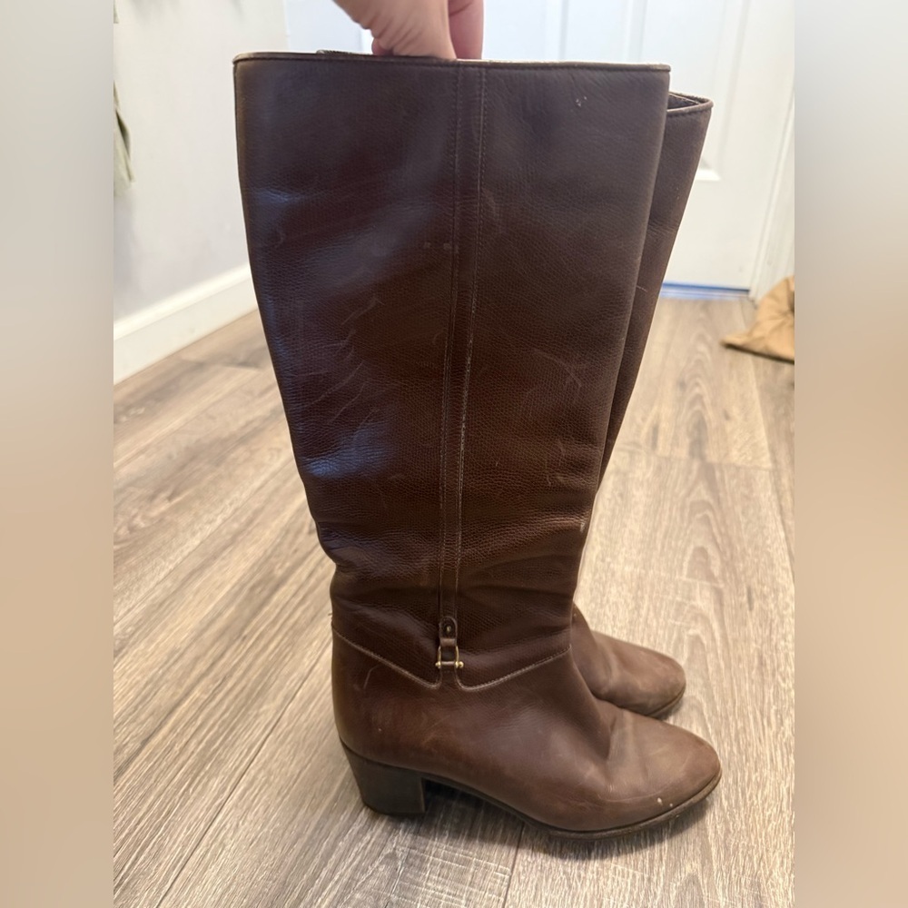 Gucci 1970s Horsebit Brown Leather Wood Stacked Heel Boots Size 8